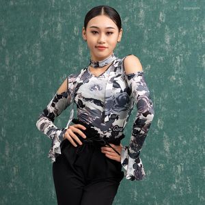 Stage Wear Floral Latin Dans Üstleri Kadın Kostüm Uzun Kollu Salsa Dans Dans Balo Salonu Uygulaması Tango Dans Giysileri DL8324