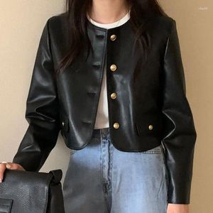 Women's Leather Black Slim Short Faux PU Coat Spring Women Round Neck Single-breasted Long Sleeve Female Biker Jacket Streetwear Fashion