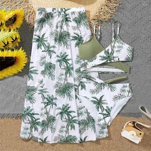 Women's Swimwear Girls 3pack Palm Tree Print Bikini Swimsuit With Beach Skirt 2023 Cross Wrap Children's 7-12 Years Swim Bathing Suit