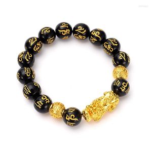Pulseiras de link feng shui obsidiana miçangas de pedra braceletas homens mulheres unissex pulseand ouro cor preto pixiu riqueza e boa sorte mudando