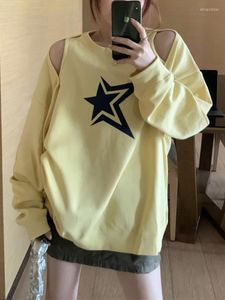 Damen Hoodies Deeptown Y2k Ästhetischer Sterndruck Aushöhlen Gelbes Sweatshirt Frauen Koreanischer Stil Schulterfrei Lose Weiß Langarm