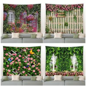 Wandteppiche Frühling Schmetterling Blumen Tapisserie Retro Holzzaun Natur Rosa Rosen Pflanzen Blumen Wandbehang Garten Heimdekoration Landschaft Stoff 231124