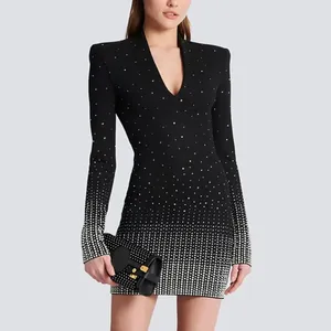 Casual Dresses Autumn Women's Heavy Industry Gradient Diamond V-Neck Long Sleeve Knitted Mini Dress Bodycon Celebrity Club