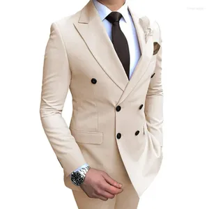 Mäns kostymer 2024 Beige Suit 2 stycken Dance Double-Breasted Notch LAPEL FLAT Slim Fit Casual Tuxedos for Wedding (Jacket Pants)