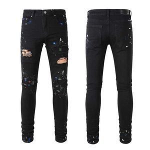 Calças jeans de grife amiiri 2023 nova tendência moda slim fit pés pequenos elástico perfurado preto jeans masculino amiiri luxo desgastado rasgado skinny para venda