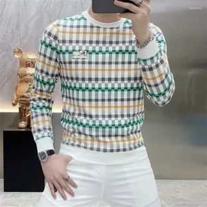Мужские футболки, осень 2023, мужской модный брендовый пуловер с круглым вырезом и длинными рукавами, повседневный индивидуальный узор, удобная футболка в клетку