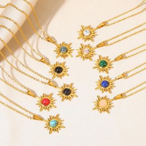 Chains Stainless Steel Choker Colored Stone Gold Color Sun Pendant Necklace For Woman Waterproof Simple Fashion Metal Texture Jewelry