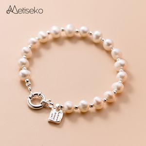 Frisado Metiseko Natural Pérolas de Água Doce Pulseira Estilo Francês 925 Sterling Silver Round Beads Chain Pulseira Moda para Mulheres Meninas 230424