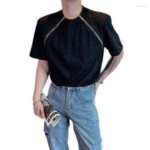 Herr t skjortor män sommar koreansk nisch design blixtlås krage kort ärm lös t-shirt manlig streetwear mode casual svart vit