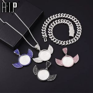 Colares Pingente HipHop Imagem Colar Personalização CZ Angel Wings Medalha Personalização Foto Memória Pingente Cadeia Cubana ForMen Mulheres Jóias 231124