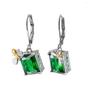 Dangle Earrings Gorgeous White Gold Plated Cute Honeybee Green Emerald Gemstone Rectanle Drop For Women Bee Insect Geometric Jewelry