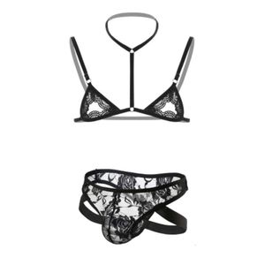 Uomini S Biancheria intima sexy Set Mini pizzo trasparente slip reggiseno Lingerie erotica Sissy Fetish bikini Cintura di sicurezza esotica BDSM Gay