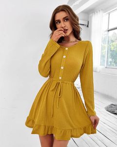 Casual Dresses Gaovot Autumn Knit Dress For Women Solid Color A-line Elegant Office Lady O-neck Long Sleeve Ruffled Mini Print