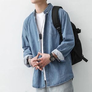 Mäns casual skjortor denimskjorta långärmad höstjacka koreansk stil japansk tunn arbetskläder