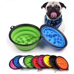 Collapsible Pet Dog Cat Feeding Bowl Slow Food Bowl Water Dish Feeder Silicone Foldable Choke Bowls For Outdoor Portable Travel Feeders 9 Colors To Choose