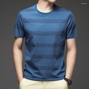 Camisetas de camisetas masculinas de verão de algodão listrado masculino para desgaste casual em colarinho redondo de colarinho branco verde azul de colarinho curto