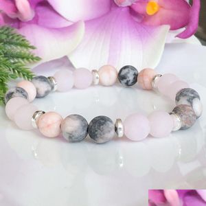 Biżuteria MG1517 Strand Matte Rose Quartz Bransoletka Kreator Pink Zebra Jasper Bracelets Bracelets Czakra Healing Crystals Mala DH9xd