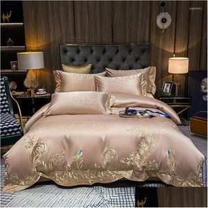 Ensembles de literie Ensembles de literie Ensemble de luxe nordique broderie royale couette en coton à longues fibres Er drap de lit et taies d'oreiller couette Drop Deli Dh4Kn