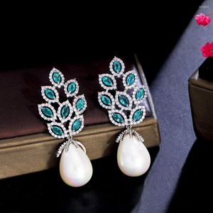 Dangle Earrings BeaQueen Fancy Light Green Cubic Zircon Crystal Leaf Pearl Drop Women Festival Costume Jewelry Accessories E564