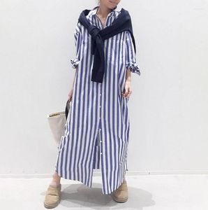 Sıradan Elbiseler Koyu Mavi Dikey Stripes Gömlek Elbise 2023 Japonya Güney Kore çizgili banliyö gevşek hırka uzun tek göğüslü