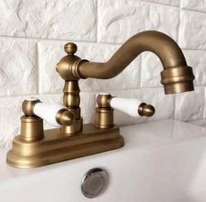 Bathroom Sink Faucets Antique Brass 4" Centerset Kitchen Vessel Two Holes Basin Swivel Faucet Dual Ceramics Handles Water Tap Aan062