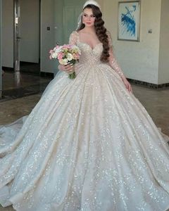 Gorgeous Sweetheart Sequin Lace Up Wedding Dress 2024 Embroidery Beads Sweep Train Floor Length Tulle Long Sleeves Custom Made Bridal Gown