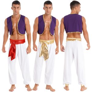 Fantasia de tema masculina figurina mítica príncipe Aladin Carnival Cosplay Festa de lantejoulas de lantejoulas com calças com cinto 230422