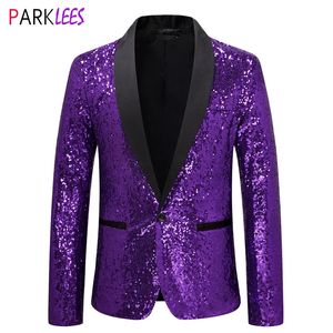 Mens Suits Blazers Shiny Purple Sequin Glitter Empelled Tuxedo Suit Jacket Men One Button Shawl Collar Night Club Stage Wedding Costume Homme 231123