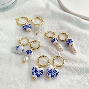 Hoop Huggie Asymmetric Handmade Round Heart Flower Ceramic and Pearl Earrings for Women Golden Color Rostless Steel Circle 230424