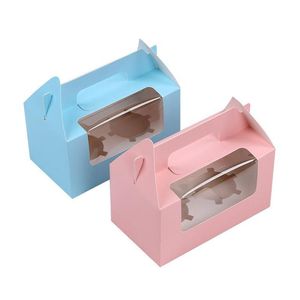 Confezione regalo Scatola per torta in carta Kraft all'ingrosso con manico Finestra in cartone marrone per tazza 4 colori Lx1422 Consegna a domicilio Giardino domestico Fe Dhs1R