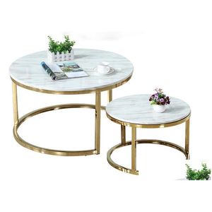 Mobiliário de sala de estar italiano luxo moderno 100% mármore redondo mesas de café mesa para 2 em 1 combinação simples ferro table1251731 gota dhnds