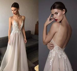 2023 Exy Berta Wedding Dresses Deep v Neck Spaghetti Straps Embroidered Tulle Backless Summer Illusion Long Boho Bridal Gowns for Beach