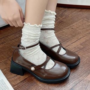 Dress Shoes Women Loafers Retro Brown Mary Jane Thick Heels Ankle Buckle Lolita Woman Uniform Pu Leather Pumps Shoe Female