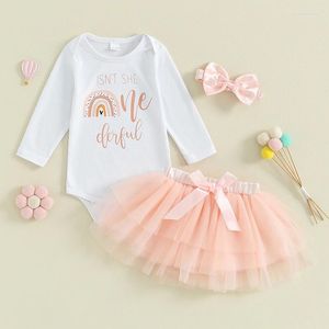 Комплекты одежды для маленьких девочек, наряд на первый день рождения, детский комбинезон с буквенным принтом и круглым вырезом, длинными рукавами, тюлевая юбка, повязка на голову с бантом, комплект для малышей