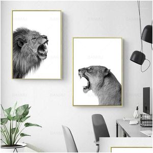Paintings 2 Pieces Canvas Painting Lion And Lioness Poster Animal Wall Art Print Picture Black White Woodlands For Living Room Home De Dhifi