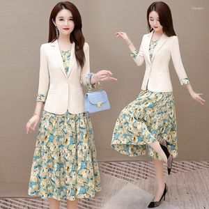 Arbetsklänningar Kvinnor Floral Print Dress Sack Jacket Spring Autumn Elegant Blazers Tvådelar Set Korean Fashion Vintage Clothing E169