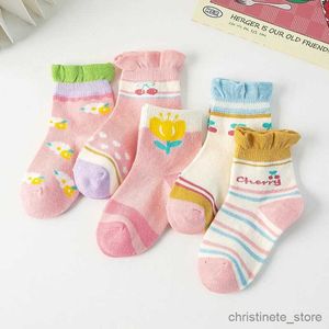 Barnstrumpor Princess Girls Ruffle Soft Cotton Socks Lovely Cherry Blossom Brodery Socks Polychromatic Spring Autumn Kids Warm Strip Socks