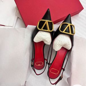Sandały marki designerskiej kobiety wysokie obcasy buty spiczaste 4 cm 6 cm 8 cm 10 cm cienki obcas płytkie, prawdziwe skórzane klasyki v metalowe klamra letnie damskie pompy z czerwoną torbą na kurz