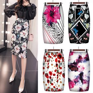 Kvinnor Elegant Palace Print High midja Casual Pencil Midi Mid-Calf kjol S-2XL