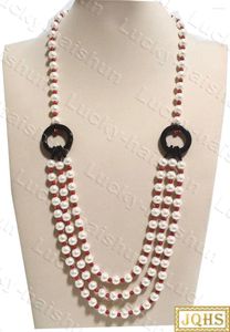 Chains JQHS Selectable Long 68cm 3row 8mm White Round South Sea Shell Pearls Red Coral Necklace 18KGP Clasp C795