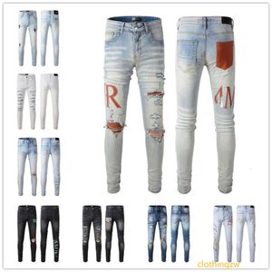 Designer Embroidery Stack Purple Men European Jeans Jean Quilting Ripped For Trend Brand Vintage Pant Mens Fold Slim Skinny Fashion Straight Pants