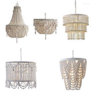 Chandeliers French Country White Wood Bead Chandelier Dining Room Bedroom Princess Decorative 3/5 Lights Hanging Light Fixture