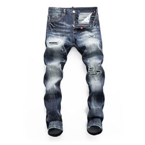 DSQ Slim Blue 남자 청바지 Cool Guy Jeans 클래식 힙합 록 모토 캐주얼 디자인 찢어진 고민 데님 바이커 DSQ2 청바지 418