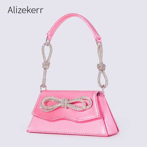 Evening Bags Mini Rhinestone Bow Fashion Handbags For 2022 Women Chic Boutique Shiny Crystal Satin Small Evening Clutch Purse Wedding Party J230420