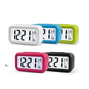 Настольные часы Пластиковый бесшумный будильник ЖК-дисплей Умная температура Симпатичные Posensitivity Прикроватные цифровые будильники Sn Ночной свет Календарь Drop D Dh74Z