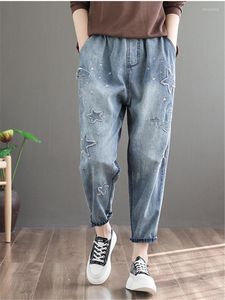 Kvinnors jeans kvinnor avslappnad ankomst 2023 vår vintage streetwear stjärna broderi lösa kvinnliga denim harem byxor ruppen femininas