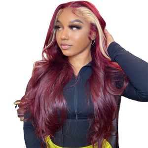 99J Burgundy Colored Human Hair Wigs Glueless 13x4 HD Lace Frontal Wig Highlight 613 Blonde Body Wave Lace Front Wigs