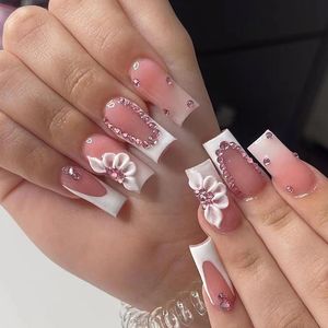 Unhas Falsas Unhas Falsas 24 Pcs Acrílico Falso Imprensa em Francês Simples com Borda Branca Design Wearable Midlength Ballet Full Cover Tip 230425