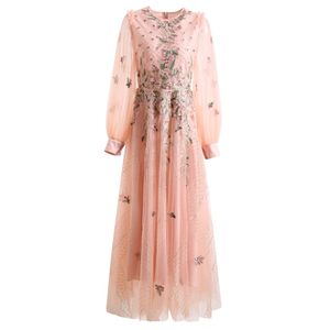 Autumn Pink Floral Embroidery Sequins Dress Long Sleeve Round Neck Panelled Long Maxi Casual Dresses S3O141011