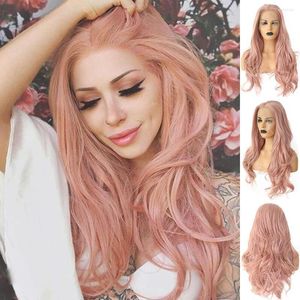 Pink Natural Wave For Women Long Wavy Synthetic Lace Front With Middle Part Looking Heat Fiber Hair